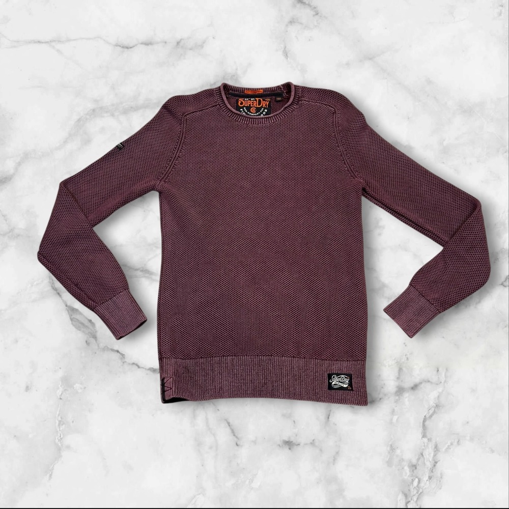 Superdry Men's Textured Knit Crew Neck Pullover Sweater Burgundy Sz M rolled - Picture 2 of 11